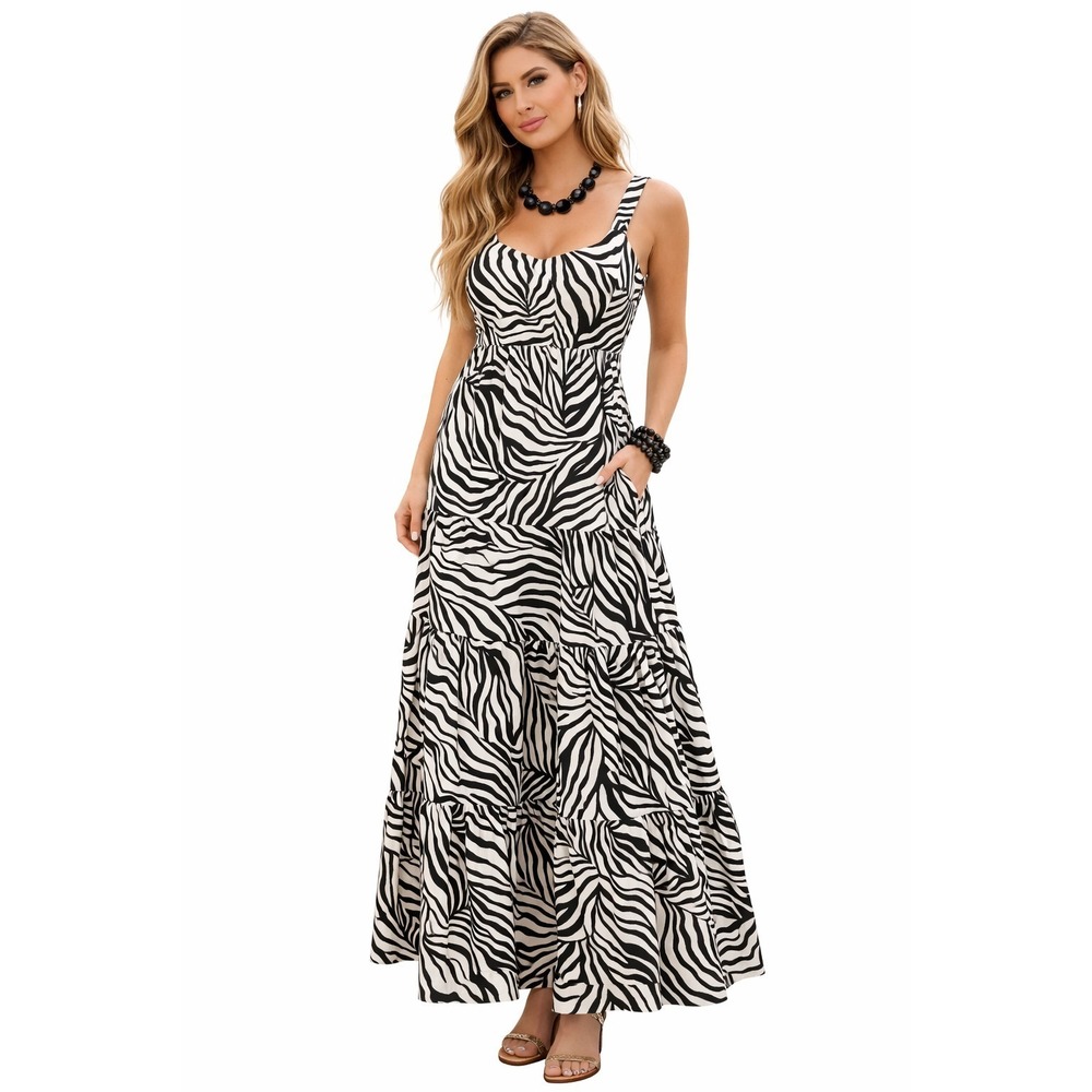 Soma Weekend Maxi Dress M Zebra Print Tiered Pockets Soft Comfort‎ Travel Resort